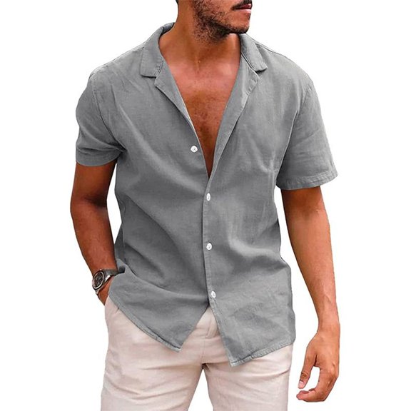 SWSMCLT Men's Linen Short Sleeve Top Summer Lightweight Loose Fit Casual Beach Shirt Soft All Cotton Button Up Shirt Light Grey X-Large