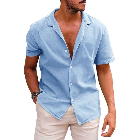 SWSMCLT Men's Linen Short Sleeve Top Summer Lightweight Loose Fit Casual Beach Shirt Soft All Cotton Button Up Shirt Sky Blue X-Small