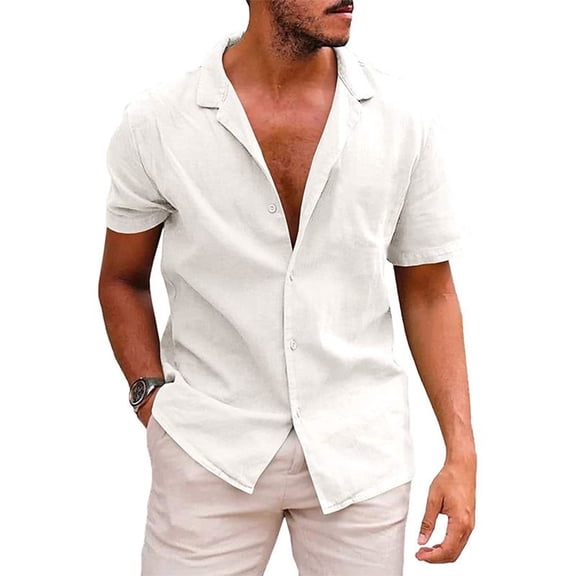SWSMCLT Men's Linen Short Sleeve Top Summer Lightweight Loose Fit Casual Beach Shirt Soft All Cotton Button Up Shirt White Medium