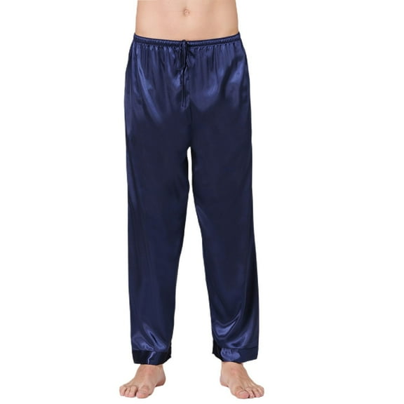 SWSMCLT Men's Long Pajamas Pants Satin Soft Loose Fit Lounge Pj Bottom Ankle Summer Travel Fall Thin Luxury Blue X-Large