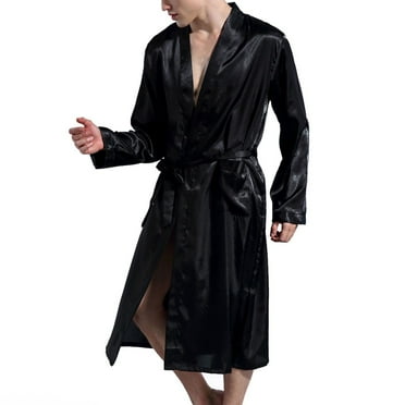 SWSMCLT Men's Long Sleeve Bathrobe Long Robe Satin V Neck Comfy Thin Pjs Lightweight Valentine's Day Halloween Soft Spring Black Small