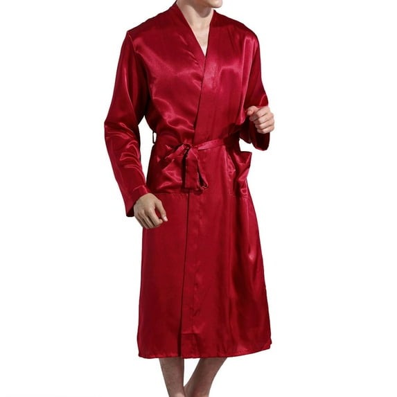 SWSMCLT Men's Long Sleeve Bathrobe Long Robe Satin V Neck Comfy Thin Pjs Lightweight Valentine's Day Halloween Soft Spring Red Medium