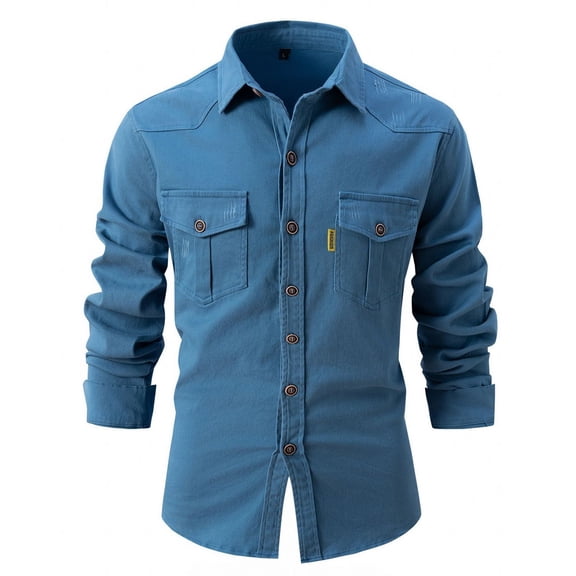 SWSMCLT Men's Long Sleeve Button Down Shirt Cotton Button Up Soft Thick Top Vintage Button Up Shirt Fitted Blue Large