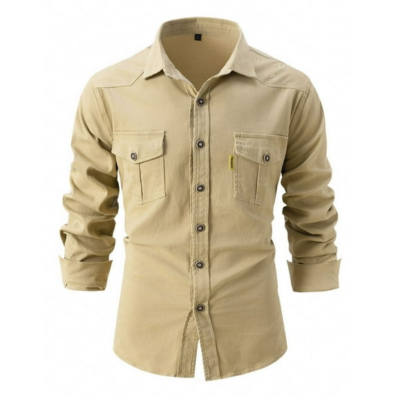 SWSMCLT Men's Long Sleeve Button Down Shirt Cotton Button Up Soft Thick Top Vintage Button Up Shirt Fitted Khaki Large