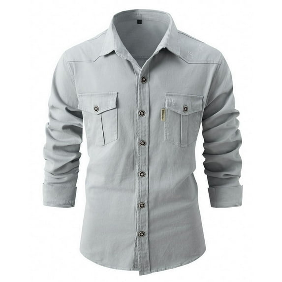 SWSMCLT Men's Long Sleeve Button Down Shirt Cotton Button Up Soft Thick Top Vintage Button Up Shirt Fitted Light Grey Large