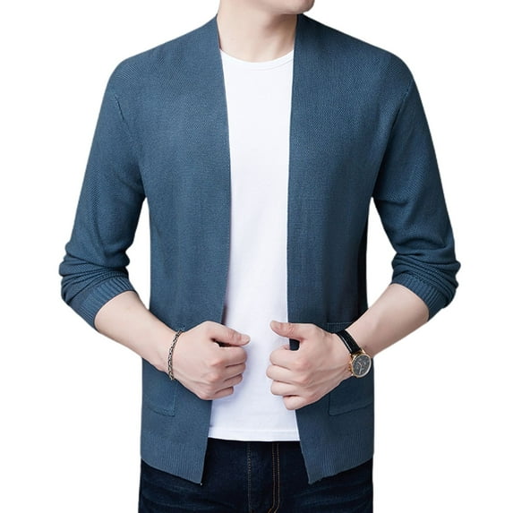 SWSMCLT Men's Long Sleeve Cardigan Sweater Loose Slimming Fall Top V Neck Soft Fashion Knit Cozy Date Night Blue Small