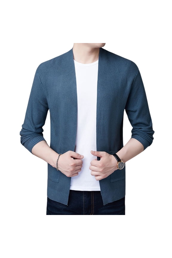Men's Long Sleeve Cardigan Sweater Loose Slimming Fall Top V Neck Soft Fashion Knit Cozy Date Night Blue X-Large