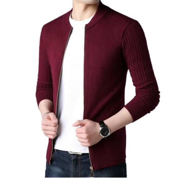 SWSMCLT Men's Long Sleeve Cardigans Fall Cozy Fitted Crewneck Knit Cardigan Sweater Fashion Lightweight Outerwear Burgundy 38