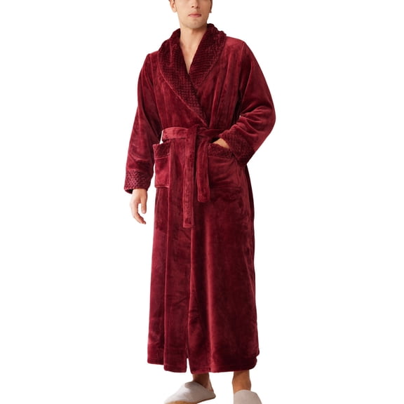 SWSMCLT Men's Long Sleeve Fleece Bathrobe Warm Long Sleeping Winter Thick Lounge Sleepwear Pajamas Soft Comfy Fleece Burgundy Medium-Large
