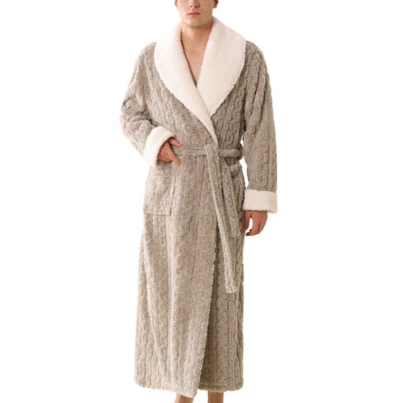 SWSMCLT Men's Long Sleeve Fleece Robe Bath Fall Comfy Medium Long V Neck Fashion Bathrobe Pjs Lounge Winter Warm Khaki Large