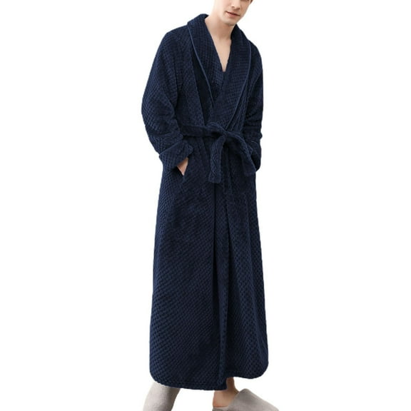 SWSMCLT Men's Long Sleeve Fleece Robe Plush Fuzyy Sleeping Warm Thick Pjs Long Bathrobe Warm Soft Winter Fall Bath Wrap Navy Medium-Large