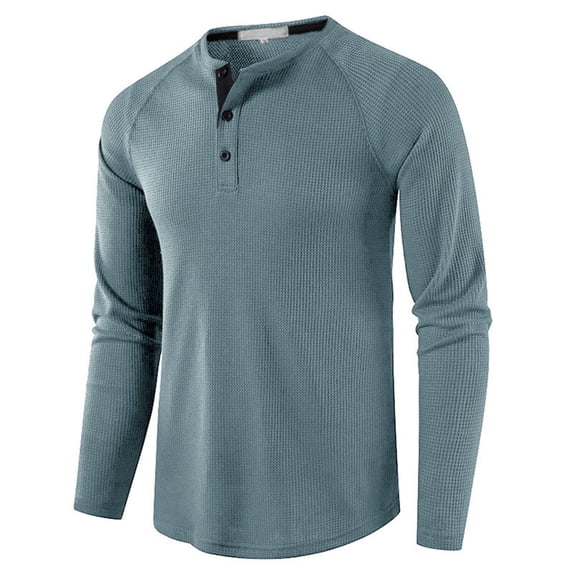 SWSMCLT Men's Long Sleeve Henley Solid Lightweight Crew Neck T-Shirt Waffle Knit Tshirt Quick Dry Tees Fall Casual Top Slim Fit Blue Small