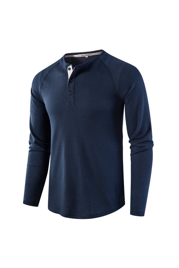 SWSMCLT Men's Long Sleeve Henley Solid Lightweight Crew Neck T-Shirt Waffle Knit Tshirt Quick Dry Tees Fall Casual Top Slim Fit Navy Blue X-Large