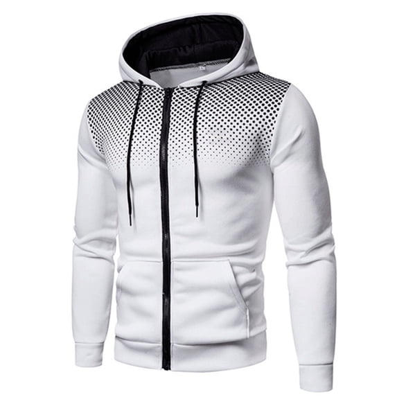 SWSMCLT Men's Long Sleeve Hoodie Polka Dot Hooded Sweatshirt Pockets Fall Casual Outdoor Fashion Hoody Lightweight Full Zip Slim Fit White 36