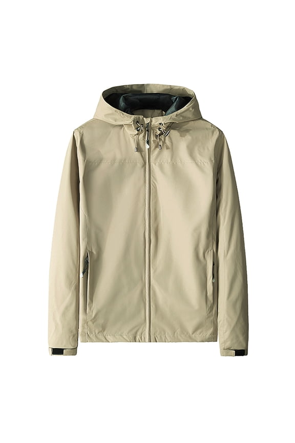 Men's Long Sleeve Jacket Full Zip Lightweight Rain Jackets Water Resistant Shell Tops Coat Military Hooded Fall Mountain Tactical Plus Size Windbreaker Soft Casual Khaki Large