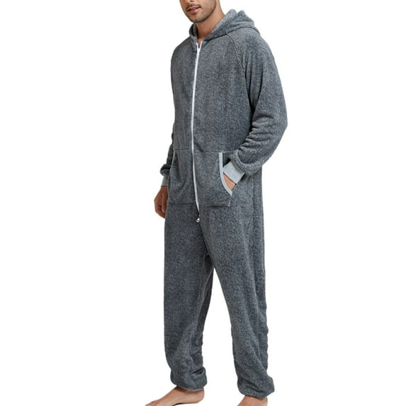 SWSMCLT Men's Long Sleeve Onesies Warm Thick Zipper Winter Onesie Pajamas Soft One Piece Polar Fleece Hooded Sleepwear Dark Grey Small