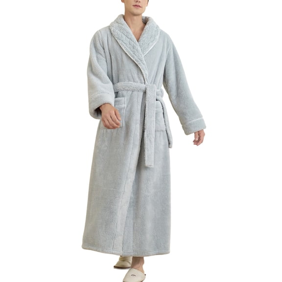 SWSMCLT Men's Long Sleeve Pajamas Fleece Bath Robe Winter Fashion Thick Sleeping Sleepwear Warm Long Soft V Neck Blue Medium-Large