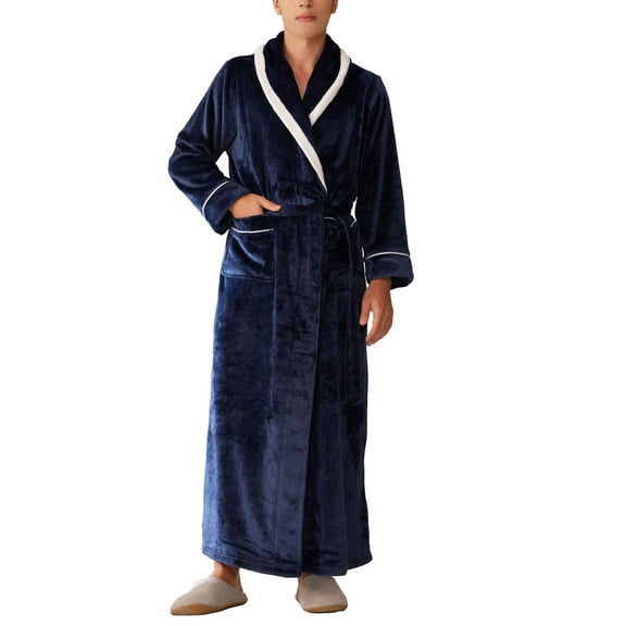 SWSMCLT Men's Long Sleeve Pajamas Warm Spring Thick Sleepwear Robe Comfy Winter Fleece House Pocket Fall Navy Medium-Large