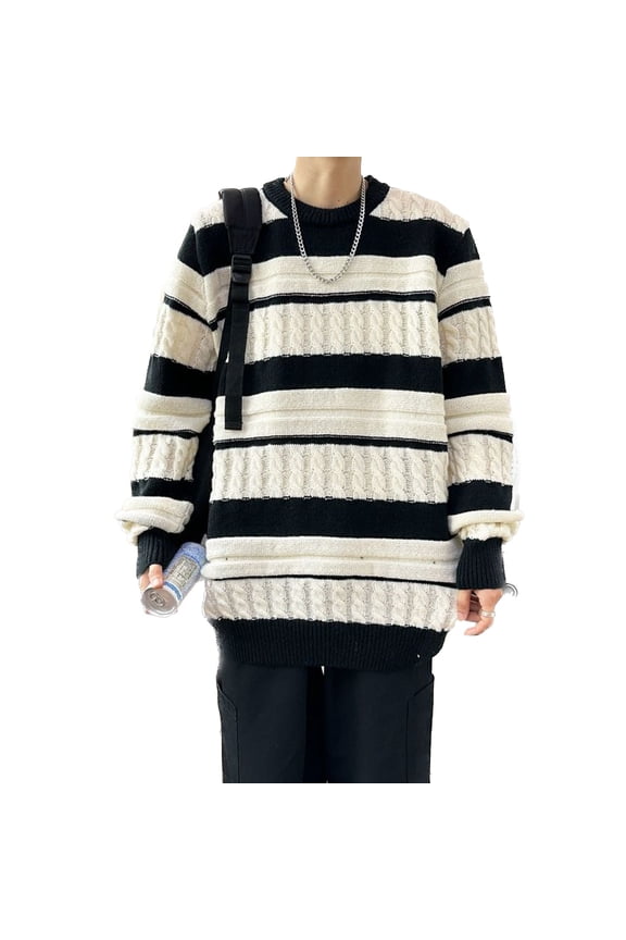 Men's Long Sleeve Pullover Sweater Cozy Mock Neck Knitwear Soft Top Knitted Fashion Crewneck Holiday Casual Zebra Strips Large