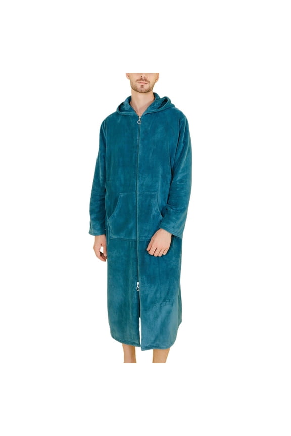 Men's Long Sleeve Robe Hooded Fuzzy Robe Soft Winter Fall Cozy Fleece Long Trendy Thick Knee Length Dark Green Small-Medium