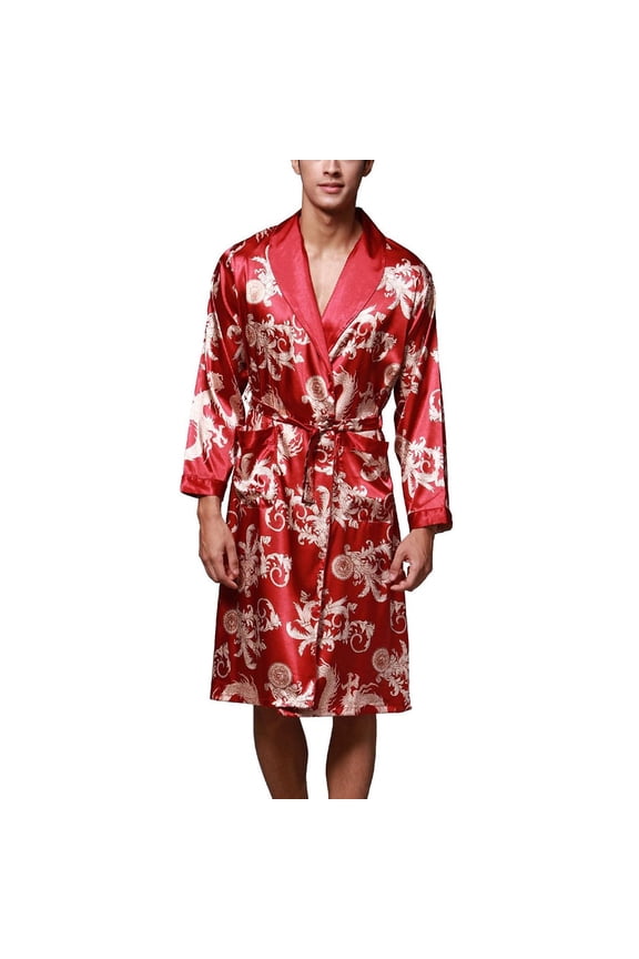 Men's Long Sleeve Robe Satin Knee Length Pajamas Pjs Long Summer Luxury Bathrobe Spring Lightweight Cool Red Small