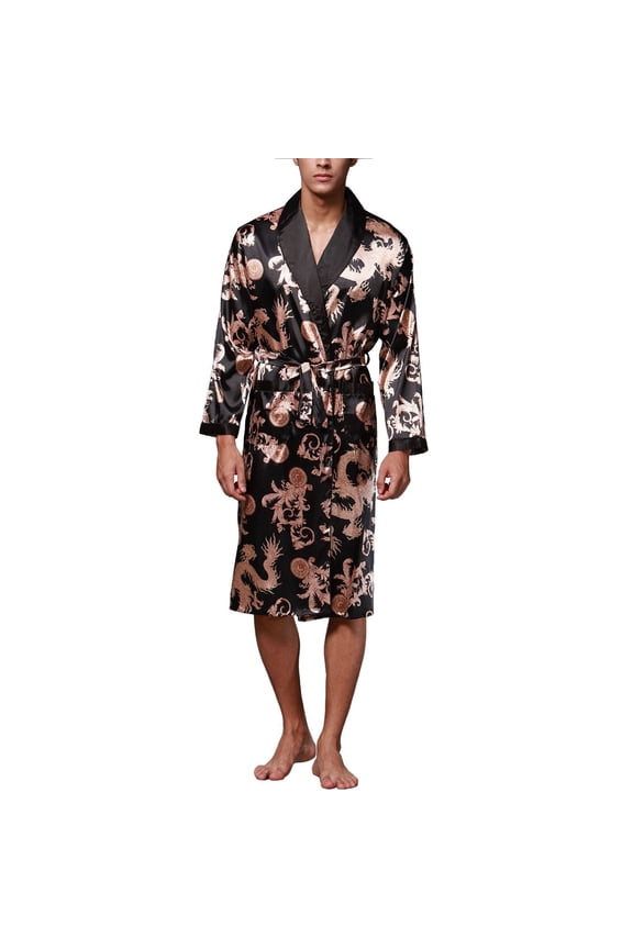 Men's Long Sleeve Robe Summer Long Luxury Comfy V Neck Thin Printed Cool Knee Length Satin Bathrobe Soft Black Medium