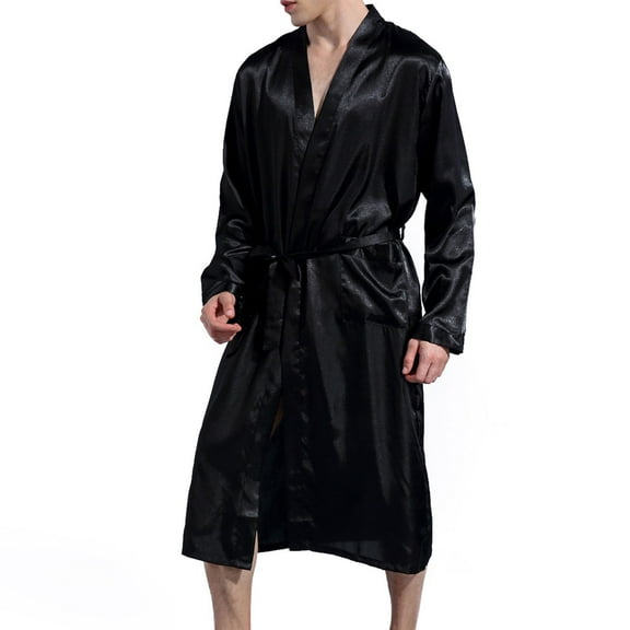 SWSMCLT Men's Long Sleeve Satin Bath Robe High Waisted Sleepwear Silk Long Robes Summer Thin Fall Soft Sleeping House Comfy Satin Black XX-Large