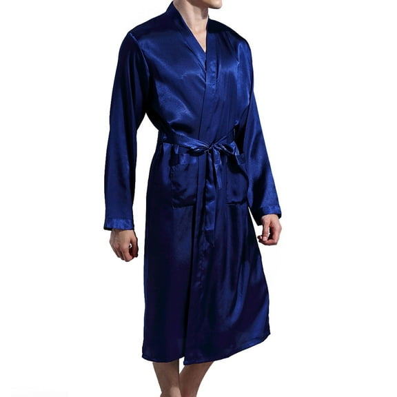 SWSMCLT Men's Long Sleeve Satin Bath Robe High Waisted Sleepwear Silk Long Robes Summer Thin Fall Soft Sleeping House Comfy Satin Dark Blue XX-Large