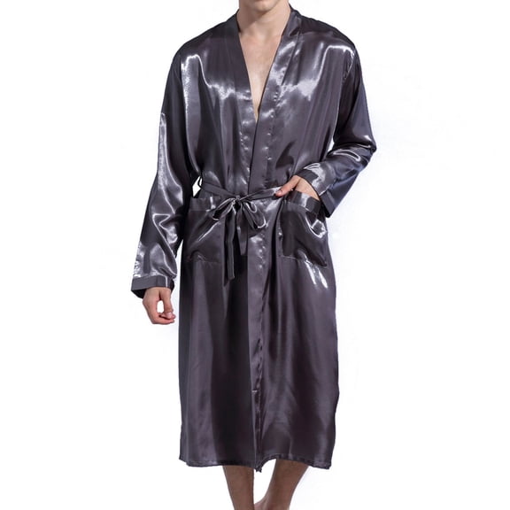 SWSMCLT Men's Long Sleeve Satin Bath Robe High Waisted Sleepwear Silk Long Robes Summer Thin Fall Soft Sleeping House Comfy Satin Dark Grey XX-Large