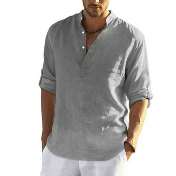 SWSMCLT Men's Long Sleeve Shirt Lightweight Blouse V Neck Tops Cotton Summer Half Sleeve Soft Beach Button Grey X-Large