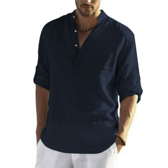 SWSMCLT Men's Long Sleeve Shirt Lightweight Blouse V Neck Tops Cotton Summer Half Sleeve Soft Beach Button Navy Small