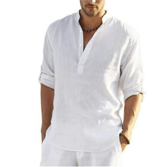 SWSMCLT Men's Long Sleeve Shirt Lightweight Blouse V Neck Tops Cotton Summer Half Sleeve Soft Beach Button White Medium