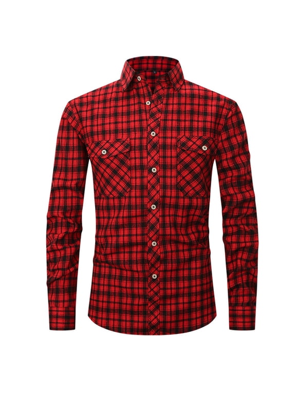 Men's Long Sleeve Shirt Plaid Printed Fall Fitted Button Down Shirt Button Up Button Pocket Soft Winter Tops Style1 Large