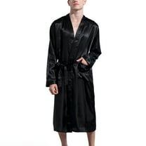 SWSMCLT Men's Long Sleeve Silk Robe Soft Holiday Thin Satin Silky Sleeping Long Bathrobe Knee Length Kimono Robe Lightweight Fall Sleepwear Black XX-Large