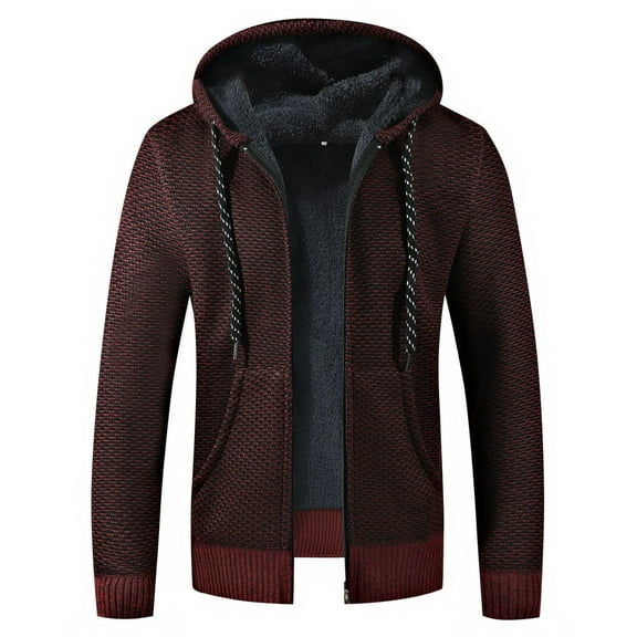 SWSMCLT Men's Long Sleeve Sweater Coat Full Zip Fleece Lined Winter Fall Top Fashion Casual Jacket Knitwear Hoodie Slim Fit Hooded Knit Cardigan Outerwear Thermal Red X-Small