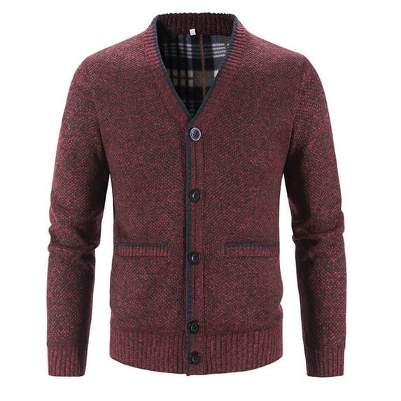 SWSMCLT Men's Long Sleeve Sweater Knit V Neck Cozy Fleece Lined Cardigan Button Down Cardigan Slim Fit Winter Top Spring Soft Fall Casual Classic Burgundy Medium