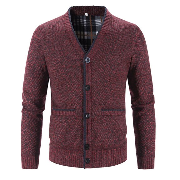 SWSMCLT Men's Long Sleeve Sweater Knit V Neck Cozy Fleece Lined Cardigan Button Down Cardigan Slim Fit Winter Top Spring Soft Fall Casual Classic Burgundy Medium