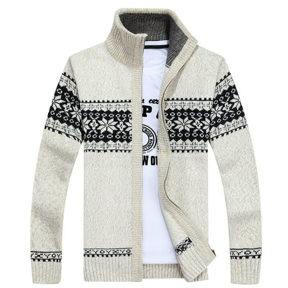 SWSMCLT Men's Long Sleeve Sweater Norwegian Printed Fall Cozy Knit Jackets Slim Fit Winter Top Soft High Neck Full Zipper Sweater Knitted Vintage Zip Up & Coats Beige X-Small