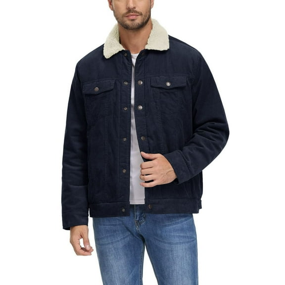 SWSMCLT Men's Long Sleeve Top Sherpa Fleece Lined Jacket Snow Cozy Thick Casual Jackets Corduroy Fashion Fall Winter Snap On Navy Large