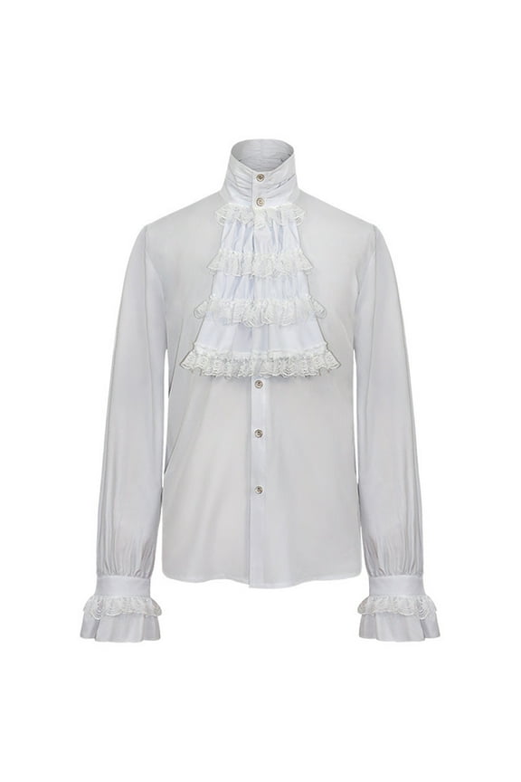 Men's Medieval Vampire Shirt Vintage Poet 18th Century Victorian Dress Shirt Halloween Blouse Ruffle Frilly Long Sleeve Button Down Pirate Shirt Gothic Steampunk White Large
