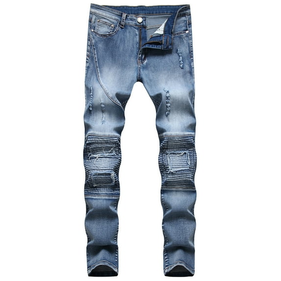 SWSMCLT Men's Mid Rise Ripped Jeans Stretch Trousers Distressed Denim Pants Slim Fit Chic Ankle Blue 42
