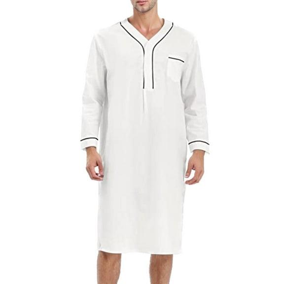 SWSMCLT Men's Nightshirt Cotton Night Shirt Long Sleeve Knee Length Loose Sleep Shirt Thin Henley Neck Button Spring Fall Sleepwear Soft Nightgown for Sleeping White Small