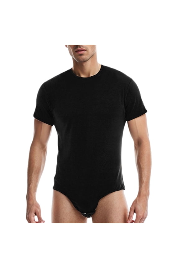 Men's Onesie Pajamas Short Sleeve Soft Comfy Crew Neck Bodysuit Short Summer Romper Thin Full Coverage Jumper Black Medium