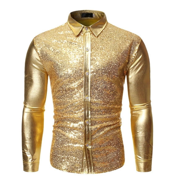 SWSMCLT Men's Outfit Long Sleeve Sexy Disco Fitted Button Down Shirt Rhinestone Dance Summer Halloween Top Golden Small
