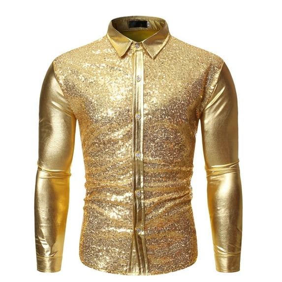 SWSMCLT Men's Outfit Long Sleeve Sexy Disco Fitted Button Down Shirt Rhinestone Dance Summer Halloween Top Golden Small