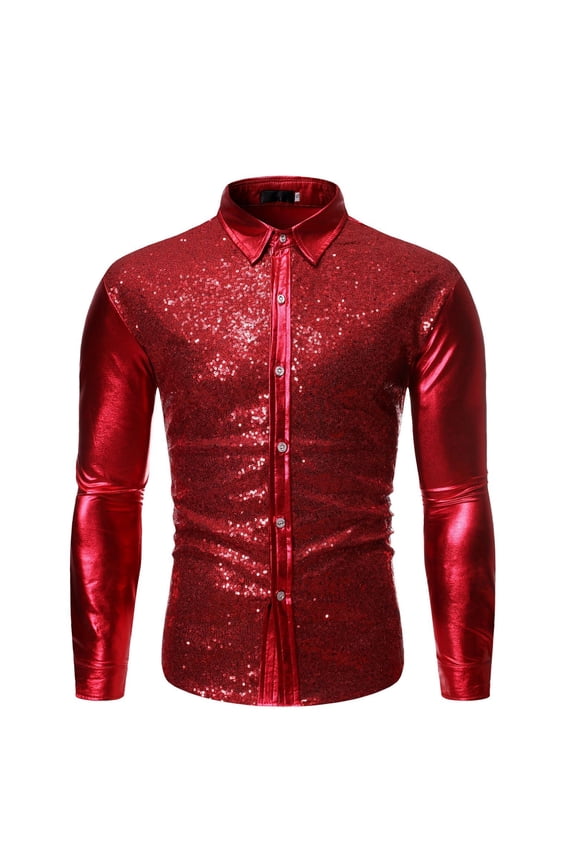 Men's Outfit Long Sleeve Sexy Disco Fitted Button Down Shirt Rhinestone Dance Summer Halloween Top Red Large