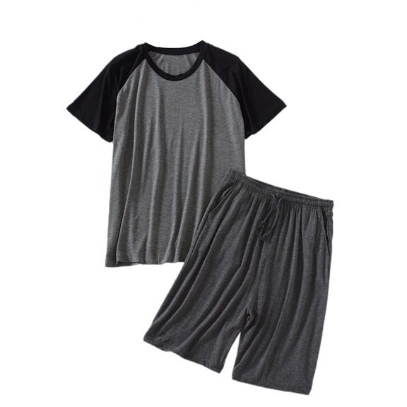 SWSMCLT Men's Pajama Set Elastic Waist Drawstring 2 Piece Raglan Knee Length Short Sleeve Pajamas Summer Sleeping Pjs Cool Sleepwear Short Sleeve Shirt Shorts Set Soft Dark Grey Small