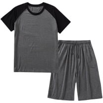 SWSMCLT Men's Pajama Set Elastic Waist Drawstring 2 Piece Raglan Knee Length Short Sleeve Pajamas Summer Sleeping Pjs Cool Sleepwear Short Sleeve Shirt Shorts Set Soft Black XX-Large