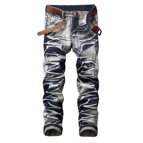 SWSMCLT Men's Patchwork Mid Rise Casual Slim Fit Pants Vintage Jeans Stretch Fall Straight Leg Casual Pants Blue 32