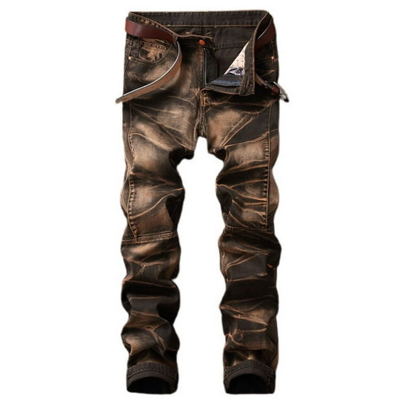 SWSMCLT Men's Patchwork Mid Rise Casual Slim Fit Pants Vintage Jeans Stretch Fall Straight Leg Casual Pants Coffee 38